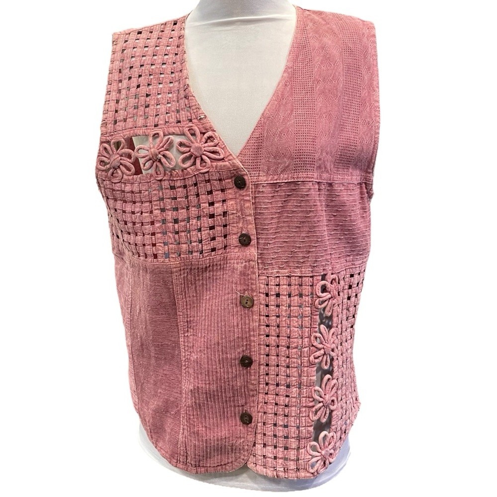 Floral Lace Sweater Vest Womens M-L Mauve Button Up Knit Sheer Boho New